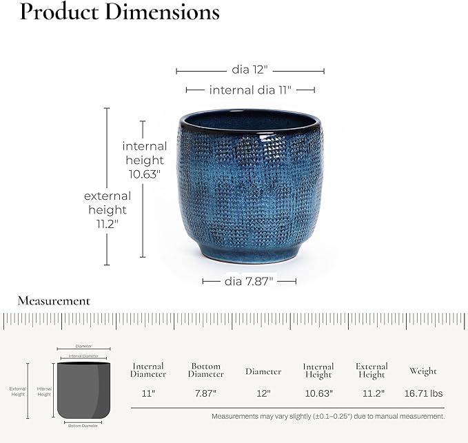LuxenHome 12" Dia Large Ceramic Pots for Plants, Ocean Blue Glazed Planters for Outdoor Plants, Round Indoor Flower Pots with Drainage Hole and Rubber Plug for Home Garden Patio-Ruum Studio Home