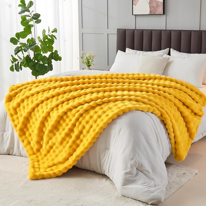 NEWCOSPLAY Faux Fur Twin Blanket Mustard Yellow Bubble Blanket Thick Warm Soft for Couch Sofa Bed 550GSM (Mustard Yellow, Twin(60"x80"))-Ruum Studio Home