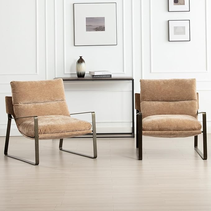 DUOMAY Mid-Century Accent Chairs Armchair Set of 2, Comfy Chenille Leisure Chairs Lazy Chairs with Brozen Metal Leg for Living Room Bedroom Office Apartment, Khaki-Ruum Studio Home