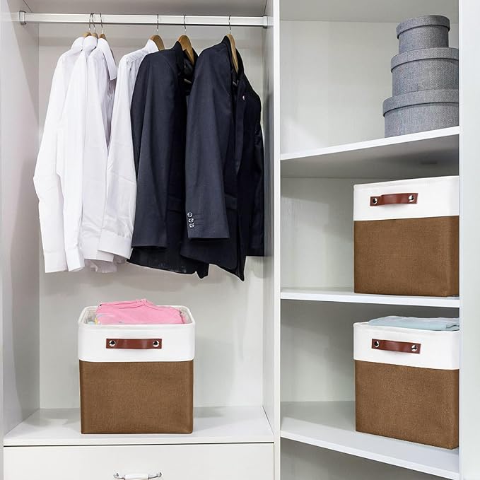 Collapsible Fabric Storage Cubes 11x11 Cube Storage Bins, 4 Pack Closet Baskets Box with Handles for Organizing, Shelf, Toys, Clothes, Home, Office, Nursery (Brown&White)-Ruum Studio Home