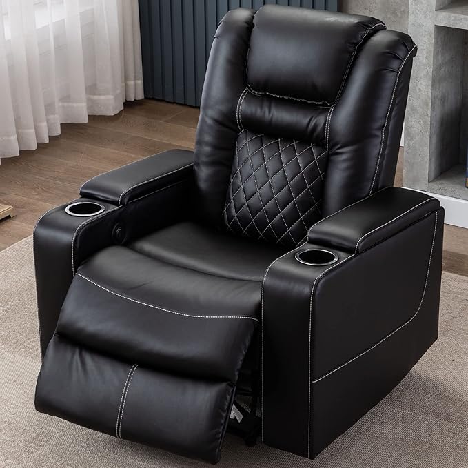 CANMOV Electric Power Recliner Chair with USB Ports and Cup Holders, Breathable Leather Home Theater Seating with Hidden Arm Storage (Black)-Ruum Studio Home