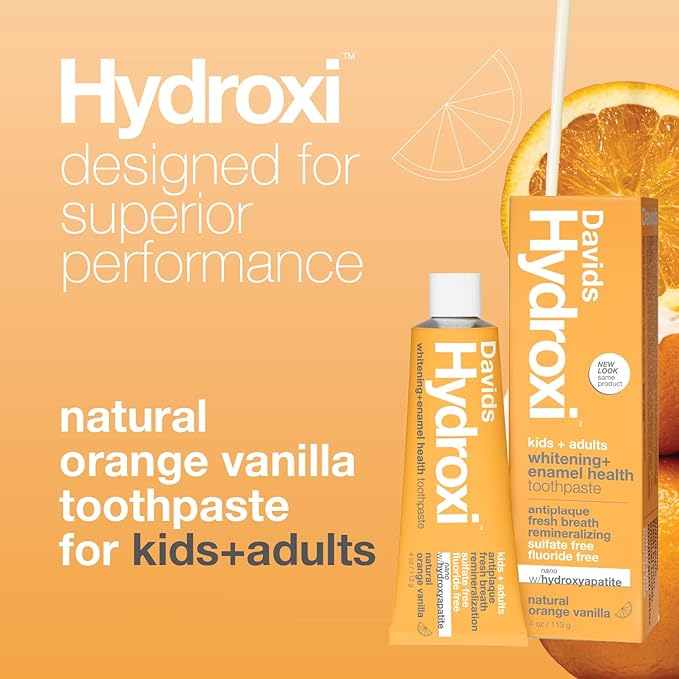 Davids Hydroxi Fluoride Free Nano Hydroxyapatite Toothpaste for Enamel Health & Whitening, Antiplaque, SLS Free, Kid Friendly Orange Vanilla Flavor, 4 oz, Made in USA-Ruum Studio Home
