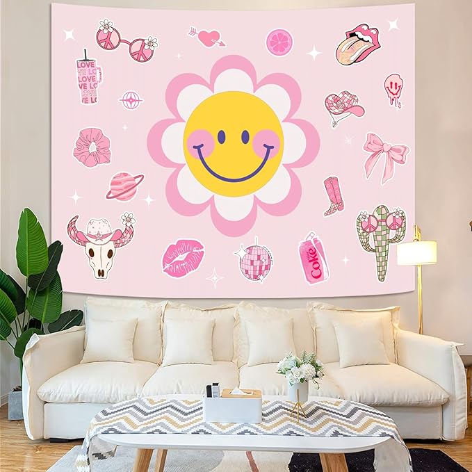 Lunerfex Y2K Tapestry Pink Sun Wall Tapestry, Cute Tapestries for Bedroom Funny Tapestries Wall Hanging for Bedroom Living Room Decor Pink-7 44"x60"-Ruum Studio Home