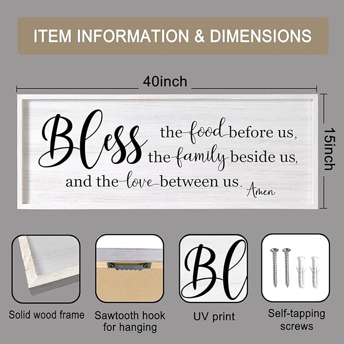 Bless the Food Before Us, the Family Beside Us, and the Love between us Framed Wall Art for Dining Room, 40''×15'' Holy Positive Religious Rustic Bible Verse for Christian God Jesus Christ Prayer-Ruum Studio Home