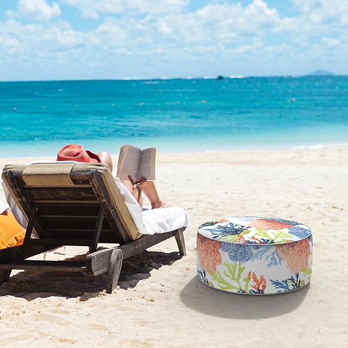 LVTXIII Outdoor Inflatable Ottoman, Patio Fade-Resistant Footrest Stool with Handle, Portable Round Ottoman Pouf for Patio Garden, Camping or Home Use, 21"x21"x9", Coral Multi-Ruum Studio Home