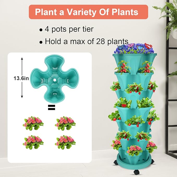 Vertical Planter, 7 Tier Stackable Strawberry Planter with Garden Tool Set, Movable Indoor/Outdoor Garden Herb Pot for Growing Vegetables and Succulents, Teal-Ruum Studio Home