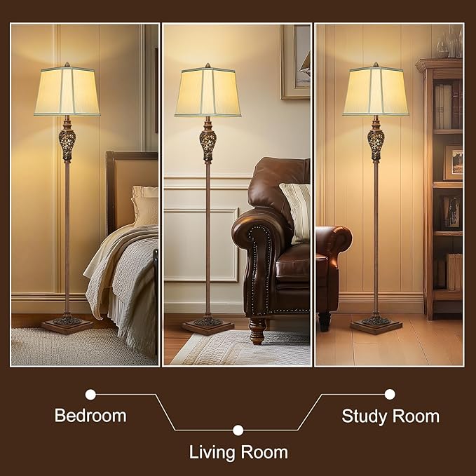 Vintage Floor Lamp with Nightlight, 65" Rustic Standing Lamp with Beige Faux Silk Shade, Farmhouse Style Design Tall Lamp Decor for Living Room Bedroom Study Home Office Corner- Bronze (Bulb Included)-Ruum Studio Home