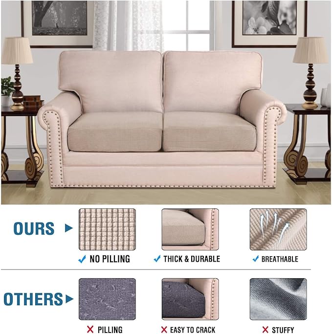 H.VERSAILTEX Super Stretch Individual Seat Cushion Covers Sofa Covers Couch Cushion Covers Slipcover Sets Thick Jacquard Textured Twill Fabric (2 Piece Medium Sofa Cushion Covers, Sand)-Ruum Studio Home