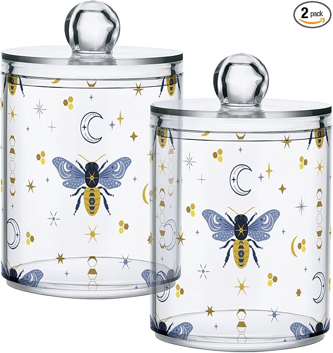 2 Pack Qtip Holder Organizer Dispenser Bee Boho Honeybee Insect Bathroom Storage Canister Cotton Ball Holder Container for Cotton Pads/Swabs/Floss-Ruum Studio Home