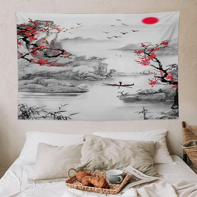 Cherry Blossoms Tapestry, Japanese Red Landscape Watercolor Abstract Art, Asian Japanese Wall Tapestry, Nature Landscape Tapestries for Bedroom Living Room Decor 60"x40"-Ruum Studio Home