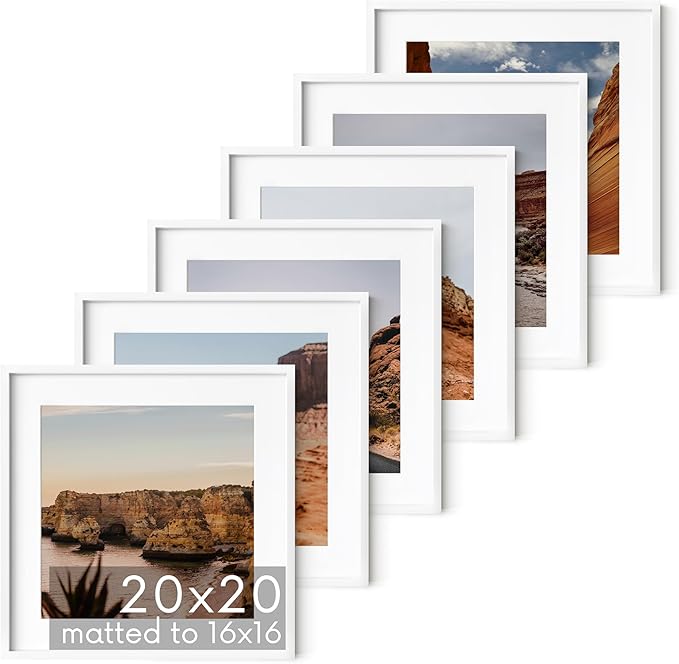 HAUS AND HUES 20x20 White Metal Picture Frames Matted to 16x16 - Features Premium Aluminum & Hanging Hardware, Shatterproof Plexiglass - Ideal for Home, Room, Office (20x20 in, White, Set of 6)-Ruum Studio Home