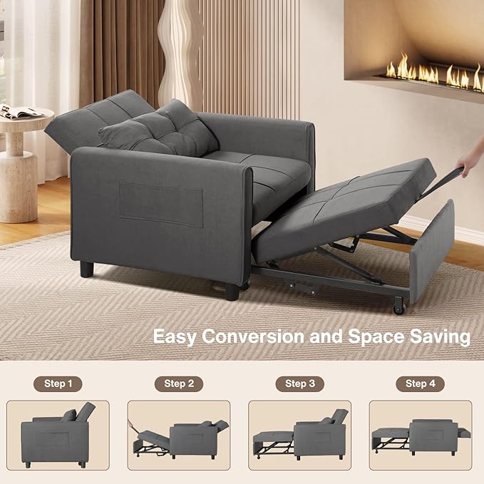 Noelse Convertible Futon Sofa Bed, 3-in-1 Multi-Functional Sleeper Chair Bed, Adjustable Backrest Recliner with Modern Linen Fabric for Living Room Bedroom Apartment Small Space, Dark Grey-Ruum Studio Home