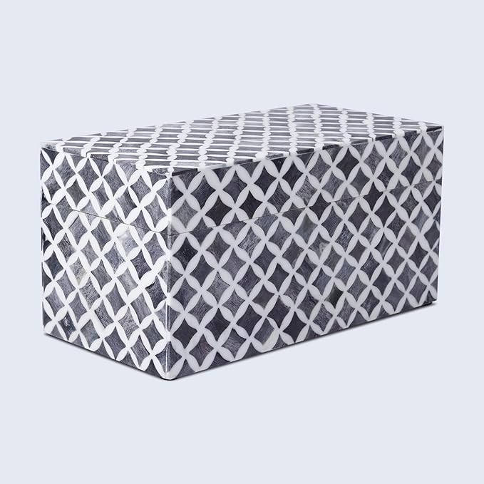 Handicrafts Home White Handmade Keepsake Organizer with Lid Decorative Storage Box- Star Pattern Collection Memories Holder for Jewelry, Photos & Cards- Home Decor Accents- Bone & Resin Inlay- 10x5x5-Ruum Studio Home