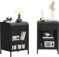 Modern Metal Side Tables Set of 2, End Tables with Glass Door, 2-Tier Nightstands with Storage Shelves, Accent Table, Slim Sofa Table for Living Room, Bedroom (Black)-Ruum Studio Home