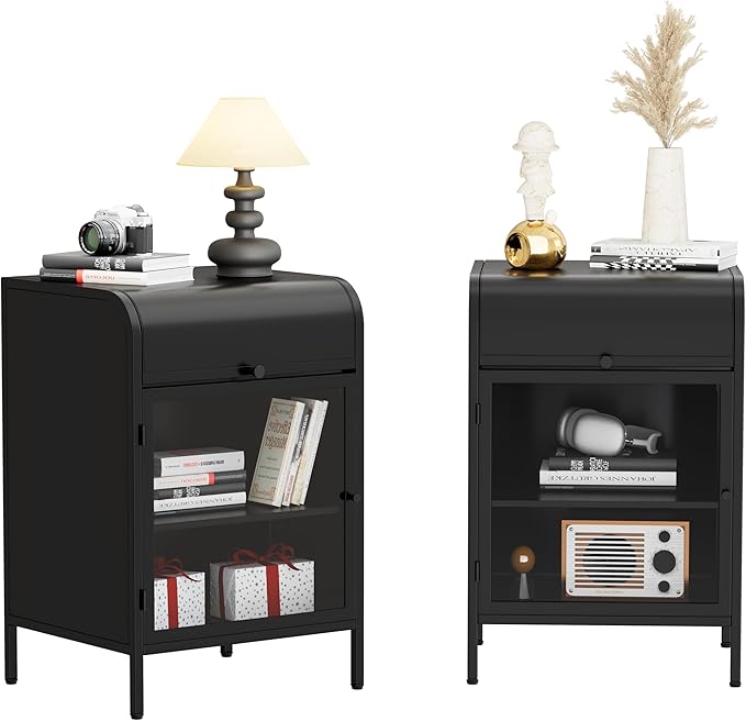 Modern Metal Side Tables Set of 2, End Tables with Glass Door, 2-Tier Nightstands with Storage Shelves, Accent Table, Slim Sofa Table for Living Room, Bedroom (Black)-Ruum Studio Home