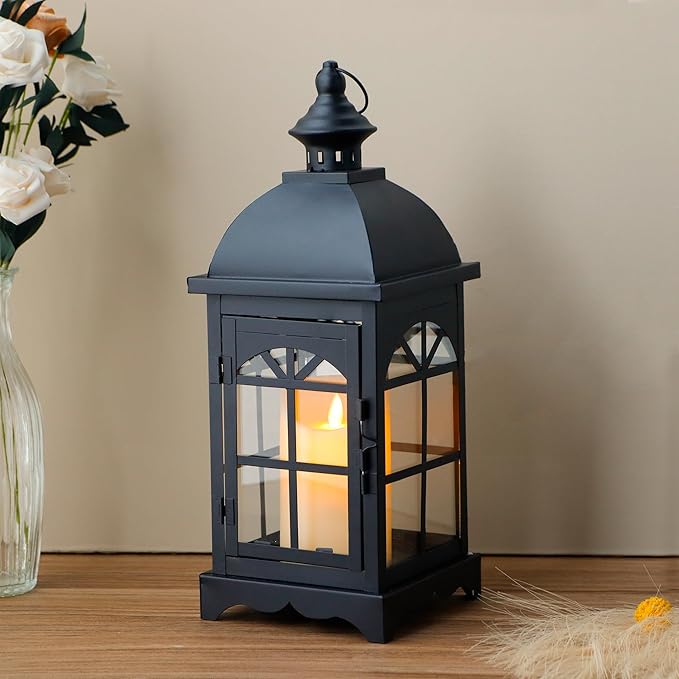 TRIROCKS Decorative Vintage Candle Lanterns 14.5" H Farmhouse Outdoor Hanging Lanterns with Tempered Glass for Porch, Balcony, Patio, Home, Centerpieces, Indoor, Outdoor(Black)-Ruum Studio Home