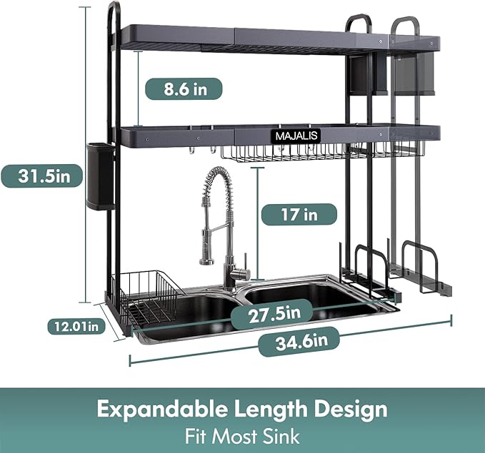 MAJALiS Over Sink Dish Drying Rack, Stainless Steel 2 Tier Large Dish Drainer Above Sink Adjustable 27.5" - 34.6", Expandable Kitchen Counter Organizer Storage Shelf with 6 Hooks-Ruum Studio Home