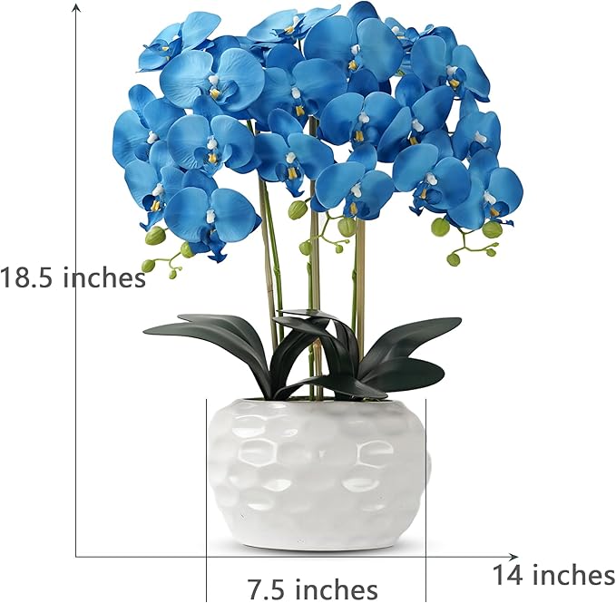 Orchid Artificial Flowers with White Vase Large Silk Faux Phalaenopsis Flowers for Dining Room Table Floral Centerpieces Indoor Decoration,Blue-Ruum Studio Home