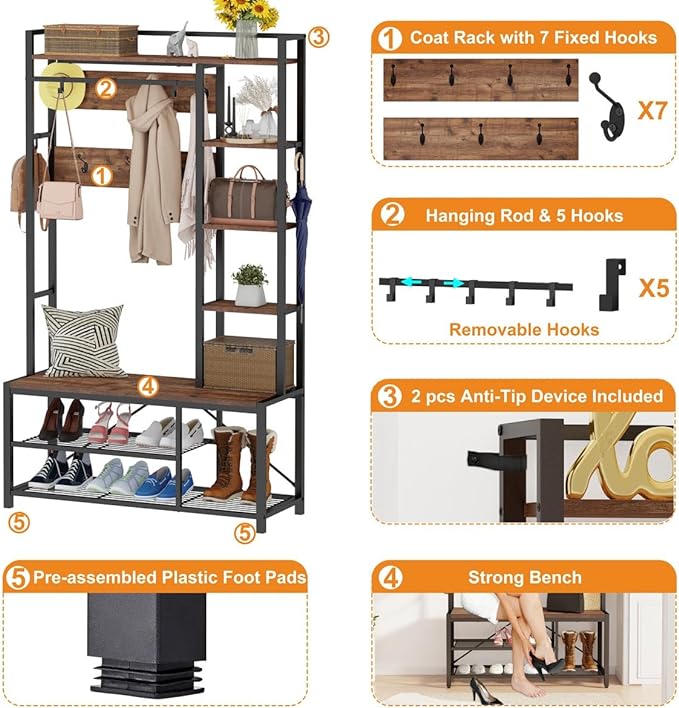 BON AUGURE Hall Tree with Shoe Storage, 5-in-1 Reversible Entryway Bench with Coat Hooks for Hallway, Rustic Wood and Metal Coat Rack with Shelves for Mudroom (Rustic Oak)-Ruum Studio Home
