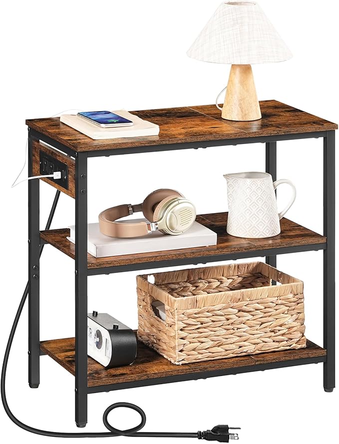 HOOBRO End Table with Charging Station, Simple Rustic Side Table with 3-Tier Storage Shelf, Narrow Nightstand for Small Spaces, for Living Room, Industrial Design, Rustic Brown and Black BF149UBZ01-Ruum Studio Home