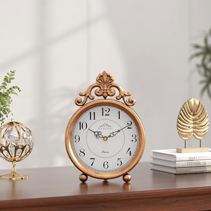 Vintage Gold Table Clock, Desk and Shelf Mantel Clock, French Rustic Antique Style Decor Clocks, for Farmhouse, Bedroom, Living Room, Bedside, Gift (9" H x 6.3" W)-Ruum Studio Home