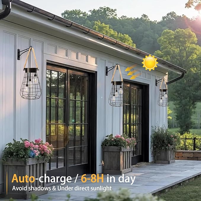 Solar Hanging Lantern with Rope, Vintage Industrial Pendant Light, 12.8" Solar Powered Outdoor Lantern, IP65 Waterproof Garden Light, Warm White Glow, Rechargeable for Patio, Porch, Yard Decor-Ruum Studio Home