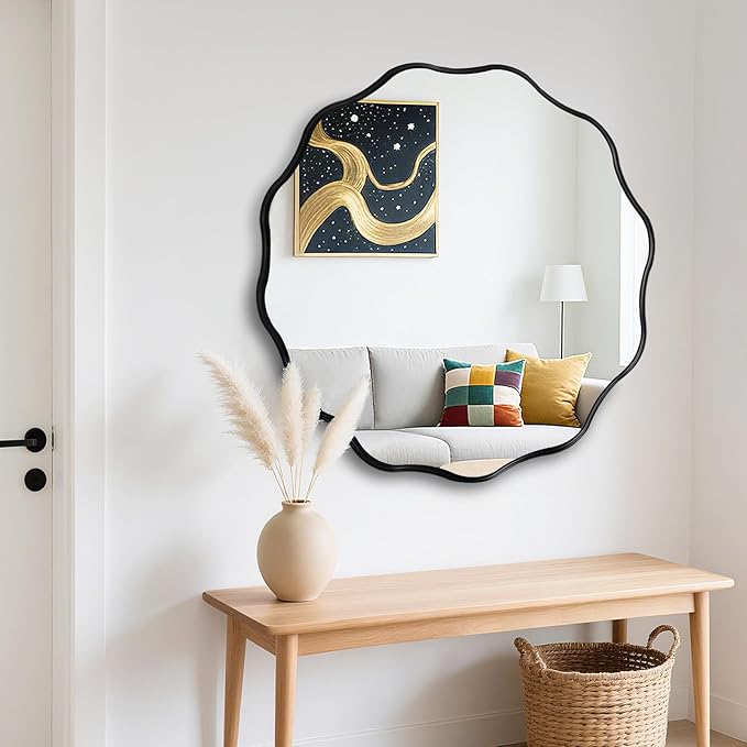 Fabuady Black Round Wavy Edge Mirror - 30'' Circle Wall Mirror with Metal Frame, Decorative Hanging/Leaning Mirror for Bathroom, Bedroom, Living Room, Hallway, Entryway, Office, Home Decor-Ruum Studio Home