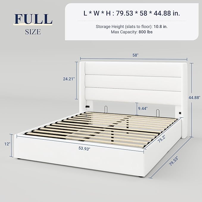 Allewie Full Size Velvet Lift Up Storage Bed, Modern Wingback Headboard, Hydraulic Support, No Box Spring Needed, White-Ruum Studio Home