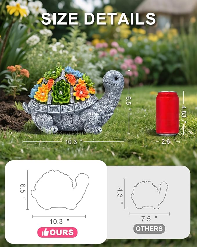 Solar Turtle Statue Garden Decor for Outside with Succulents and 7 LED Lights – 10.3 Inch Cute Lawn Ornaments for Patio, Porch, Balcony & Yard – Unique Birthday Gifts for Women Mom Grandma Wife-Ruum Studio Home