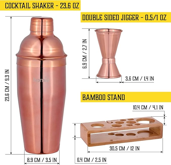 Bartender Kit with Whiskey Smoker - 13 pcs, Bamboo Stand - Bar Set with Cocktail Shaker, Bartending Kit with Essential Bar Accessory Tools, Wood Chips, Pink Gold-Ruum Studio Home