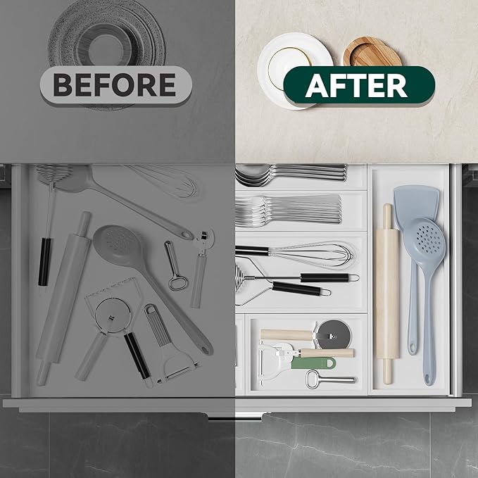 Utensil Organizer Silverware Drawer Organizer - Set of 2, Stackable Kitchen Organization, Bamboo Storage Box Tray for Kitchen Gadgets Bathroom Countertop (White)-Ruum Studio Home