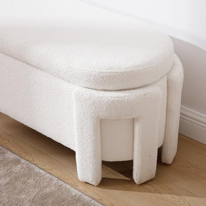 Modern Upholstered Storage Bench, Boucle Sherpa Fabric 50" Long Entryway Bench with Storage and Seating, Comfy Cute Ottoman Bench for Living Room/End of Bed/Hallway, White-Ruum Studio Home