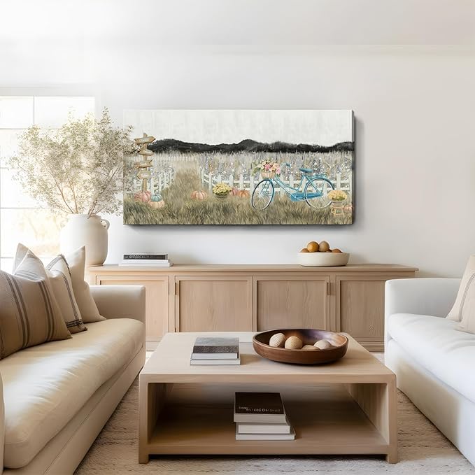 Large Wall Art for Living Room Farmhouse Wall Decor, Modern Boho Vintage Organnic Country Rustic Cottagecore Neutral Landscape Artwork with Mountains Bicycle Flower, Floral Picture Bedroom Kitchen-Ruum Studio Home