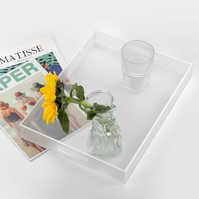 Large Acrylic Serving Tray Decorative Ottoman Coffee Table Vanity Tray Tea Fruit Platter Snack Appetizer Dessert Drink with Handles for Bar Kitchen Party, Frosted-Ruum Studio Home