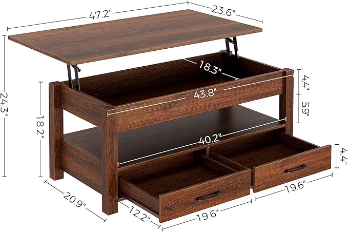 Rolanstar Coffee Table, 47.2" Lift Top Coffee Table with Drawers and Hidden Compartment, Retro Central Table with Wooden Lift Tabletop, for Living Room,Espresso-Ruum Studio Home