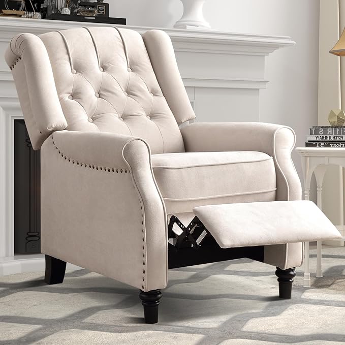 EBELLO Pushback Recliner Chair, Fabric Armchair Push Back Recliner with Rivet Decoration, Mid Century Wingback Accent Chair for Living Room, Bedroom, Beige-Ruum Studio Home