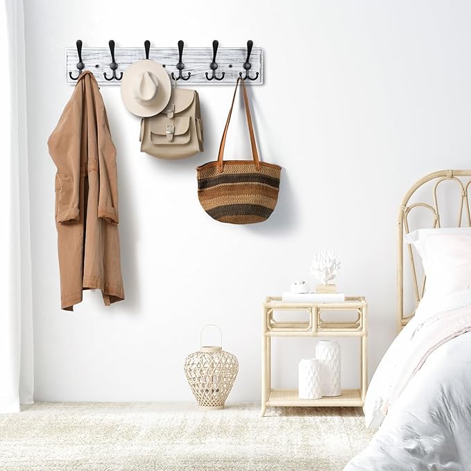 Coat Rack Wall Mount, Wooden Heavy Duty Coat Rack for Wall,6 Triple Coat Hanger Hooks for Hanging Coats,Jacket,Hat,Clothes (Grey White, 6 Hooks)-Ruum Studio Home