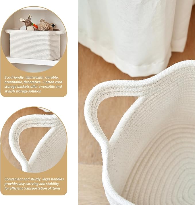 3 Packs Cotton Rope Woven Basket With Handles for Shelves -15"*10.2"*9.1"(White)-Ruum Studio Home