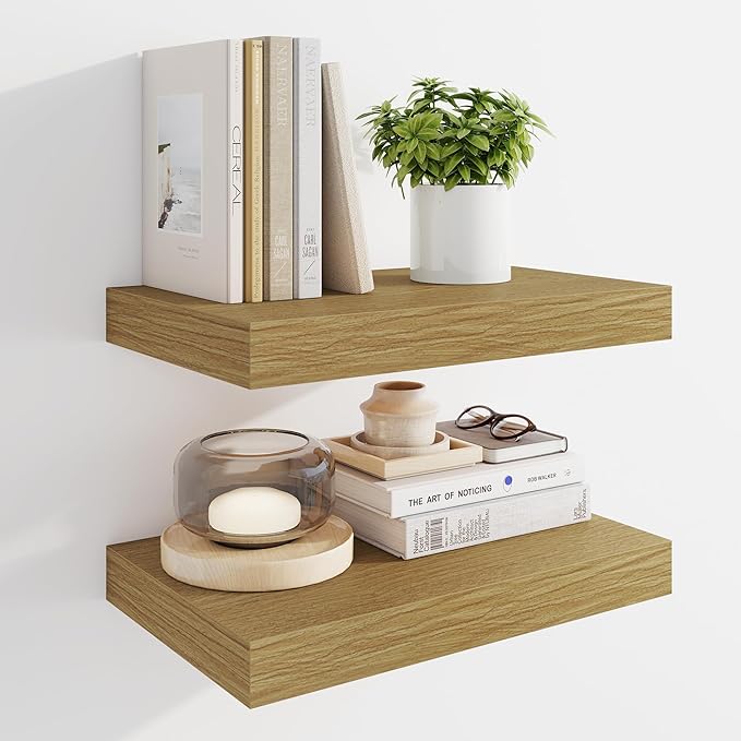 Marsmiles 16" Floating Shelves for Wall, Wooden Shelves with Invisible Brackets Set of 2, Rustic Farmhouse Wall Mounted Shelf for Kitchen Bathroom Living Room Study, Natural Oak-Ruum Studio Home