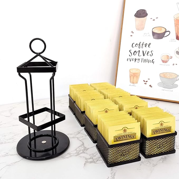 Tea Bag Organizer Coffee Holder Storage Spinning Carousel Basket Black Adjustable Tea Caddy For Kitchen Counter, Countertop, Cabinet-Ruum Studio Home