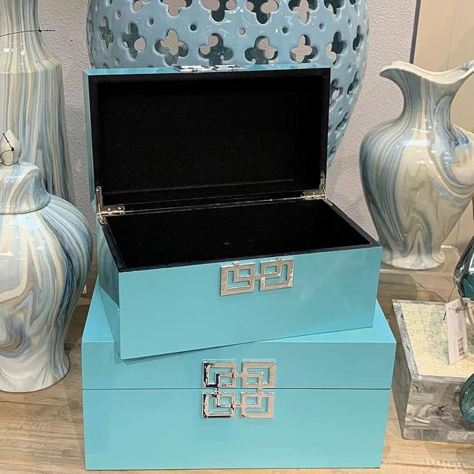 Galt International Large & Small Decorative Storage Box w/Hinged Lid - Classic Design Wood Decor Boxes with Geometric Opening Clasp - Storage for Bedroom and Home - Set of 2 (Blue)-Ruum Studio Home
