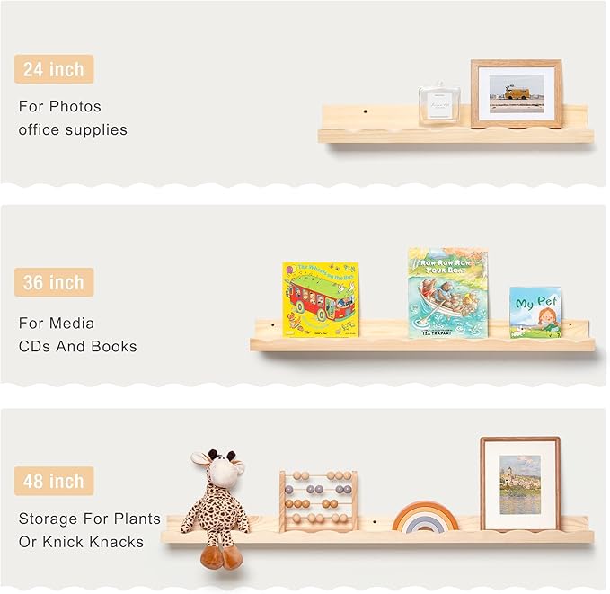 Fun Memories Picture Ledge Shelf for Wall, 36 inch Pine Wood Nursery Book Shelves Set of 2- Wall Book Shelves for Kids Room, Home Decor - Kitchen Spice-Natural-Ruum Studio Home