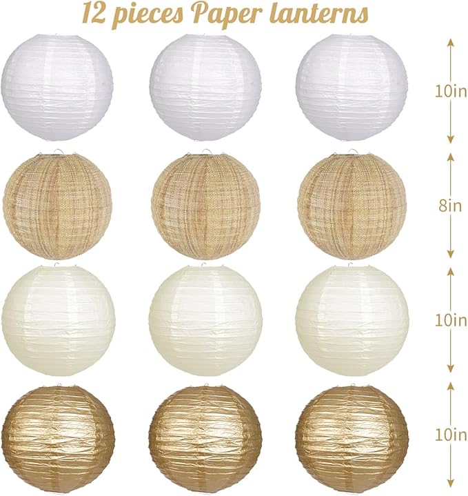 Paper Lanterns Gold White Round Hanging Chinese Lanterns for Wedding Birthday Party Boho Baby Shower Decorations Pack of 12-Ruum Studio Home