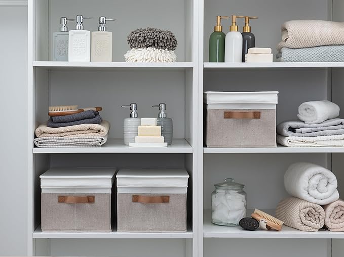 StorageWorks Large Storage Bins with Lids, Decorative Storage Boxes with Lid and PU Handles, Foldable Storage Baskets for Closet, Shelves, Stackable, Brown and White, 3-Pack-Ruum Studio Home