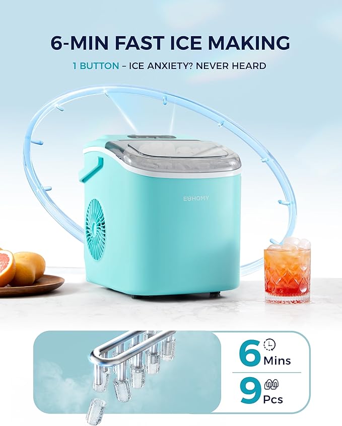 EUHOMY Countertop Ice Maker Machine with Handle, 26lbs Per Day, 9 Ice Cubes Ready in 6 Mins, Auto-Cleaning Portable Ice Maker with Basket and Scoop, for Home/Kitchen/Camping/RV (Green)-Ruum Studio Home