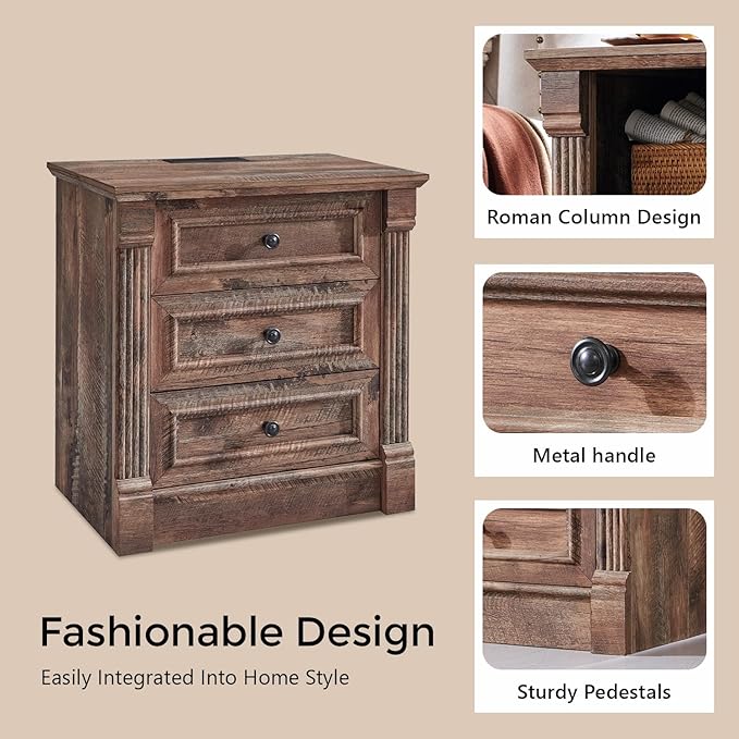 26" Tall Farmhouse Nightstand, 3 Drawers End Table w/Charging Station, 23.6" Wide Large Side Table w/Roman Column, Wood Rustic Sofa Table for Bedroom, Light Brown-Ruum Studio Home