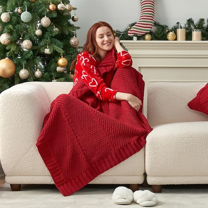 Amélie Home Chenille Knit Throw Blanket for Couch, Chevron Texture Decorative Soft Blanket for Sofa, Bed & Chair, 50"x60", Red-Ruum Studio Home