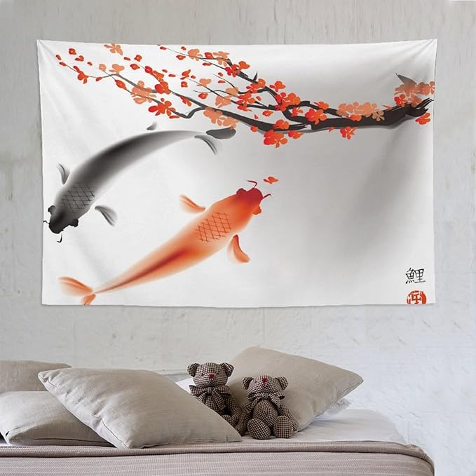 Houselerax Japanese Koi Fish Tapestry, Cherry Blossoms Asian Oriental Flower Branch Koi Fish Carp Tapestries Wall Hanging for Bedroom Living Room Office Decor 90"x60"-Ruum Studio Home