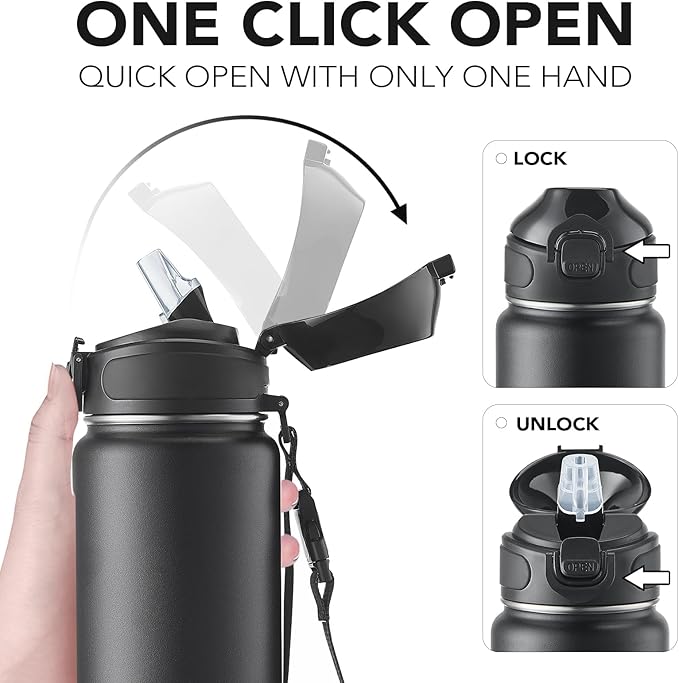 Enerbone 32 oz Insulated Water Bottle, Stainless Steel Bottle with Carrying Strap, Double-Wall Vacuum Insulation Design, Leakproof Sports Bottle with Straw, Keep Drinks Cold or Hot for Hours-Ruum Studio Home