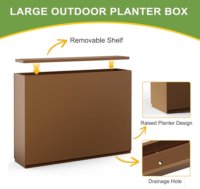 FENCY Metal Rectangular Planter Box for Outdoor - Large Planters with Drainage Holes (35.4" L x 9" W x 25.6" H, Brown)-Ruum Studio Home